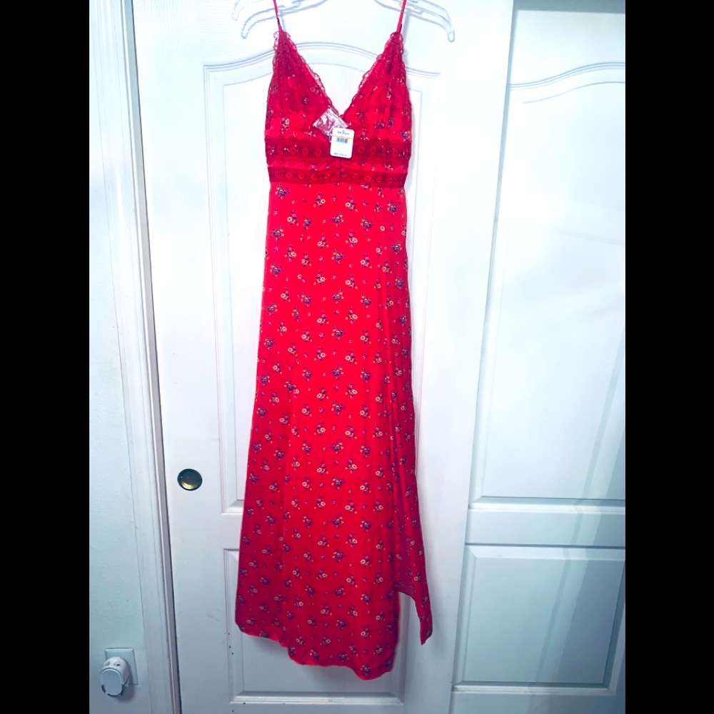 Free People- Size Small - Out & About Maxi Slip Dress Red Combo Floral